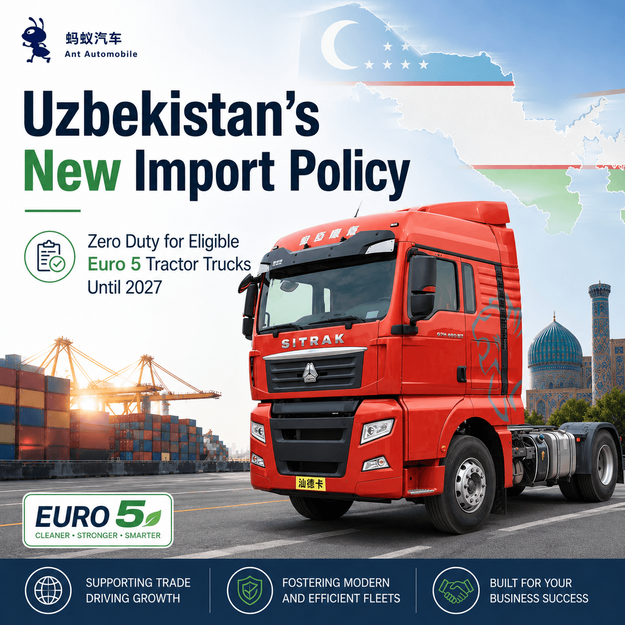 Uzbekistan’s New Import Policy: Zero Duty for Eligible Euro 5 Tractor Trucks Until 2027